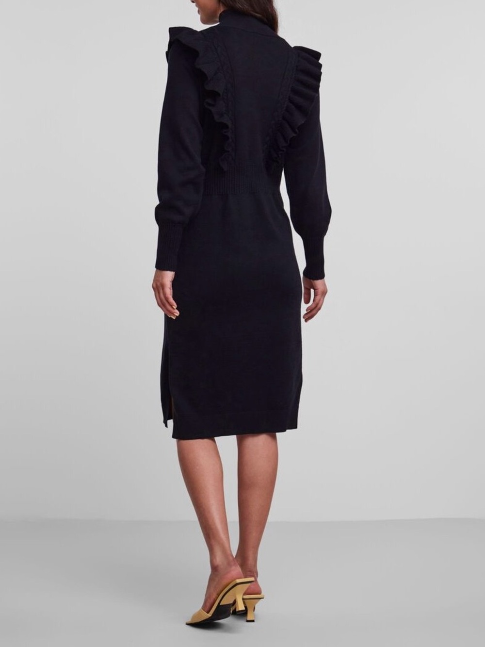 Ruffle-Shoulder Midi Knit Dress - Black